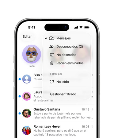 Aparecen los dos tercios superiores de un iPhone. La pantalla muestra la app Mensajes con la nueva prestación de menú superpuesto de herramientas de filtrado.