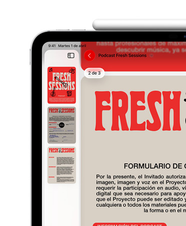 Un iPad en posición horizontal con un Apple Pencil acoplado magnéticamente a la parte superior. En la parte superior izquierda de la pantalla se ve un PDF en la app Vista Previa.