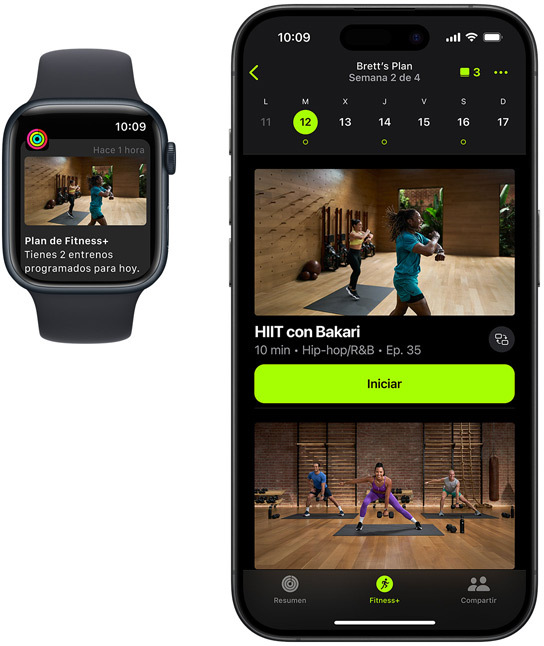 Vista frontal de un Apple Watch y un iPhone. En ambas pantallas se muestra un plan personalizado.