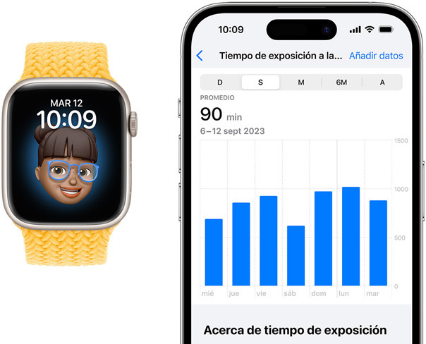 Vista frontal de un Apple Watch y un iPhone. La pantalla del iPhone muestra el tiempo de exposición a la luz diurna