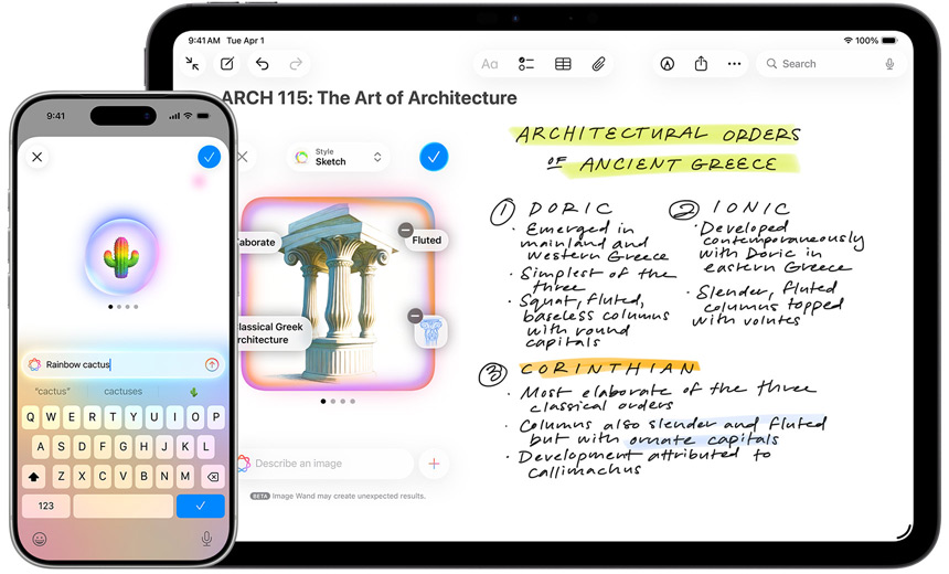 Auf dem iPhone und iPad wird mit Genmoji ein Regenbogenkaktus erstellt und mit Bildkreation eine Skizze in einen Mogul Pavillon verwandelt.