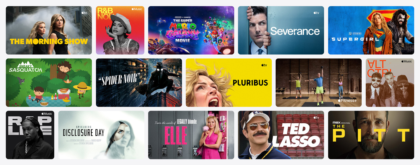 Ruudukko, jossa julisteita Apple TV:stä, Apple Musicista, Apple Fitness+:sta, Apple Arcadesta ja kanavakumppaneista