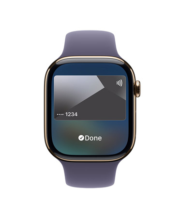 Apple Watch Series 11, kleur goud, kast van titanium, Apple Pay, rechterkant, Digital Crown, zachtpaars sportbandje