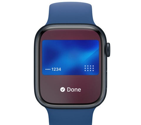 Vista frontal de um Apple Watch. Ecrã a mostrar um pagamento com o Apple Pay.
