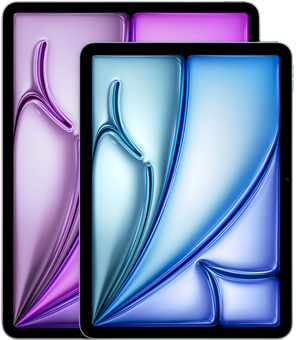 13-inch iPad Air, 11-inch iPad Air, portrait orientation, front exterior, rounded edges, black display bezel, displays showing pink, green, and blue abstract shapes