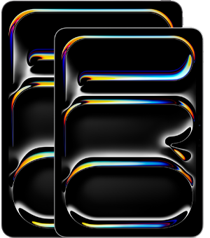 13-inch iPad Pro, 11-inch iPad Pro, portrait orientation, front exterior, space black color, rounded edges, black display bezel, displays showing multicolored, curved abstract word 'PRO' vertically oriented