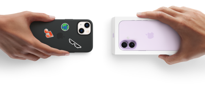 Hands exchanging trade-in smartphone for new iPhone 17 in box.