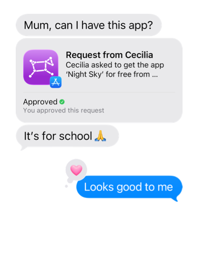 A conversation between a child and parent, with the child asking to download the Night Sky app from the App Store for school.