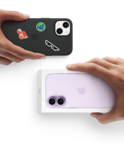 Hands exchanging trade-in smartphone for new iPhone 17 in box.