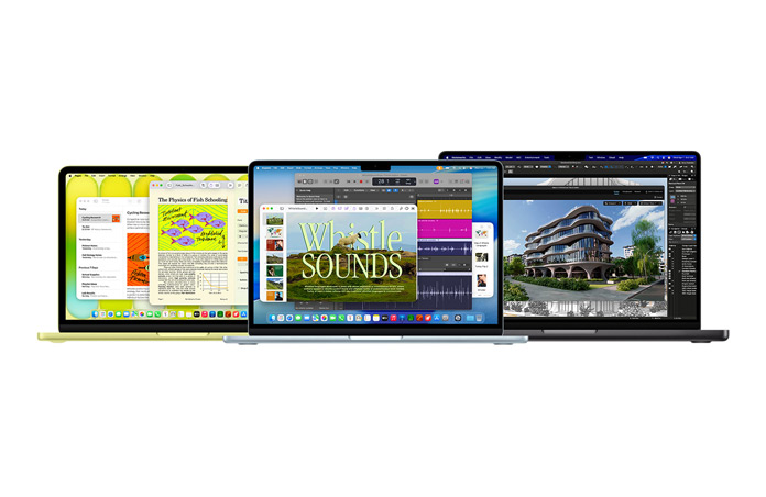 MacBook Neo in Citrus, MacBook Air in silver and MacBook Pro in Space Black show variety of performance in the Mac family