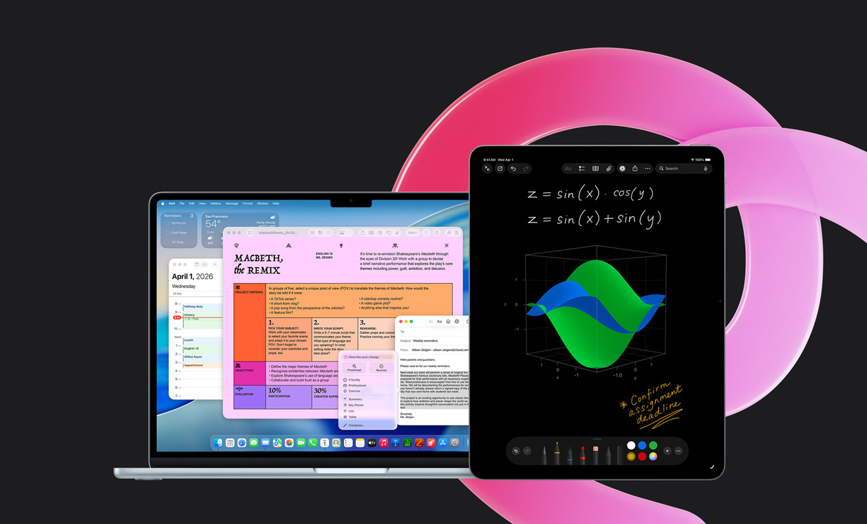 MacBook Air shows Pages, Calendar, Alert and Mail alongside an iPad that shows handwritten equations in Maths Notes, demonstrating productivity with built-in apps