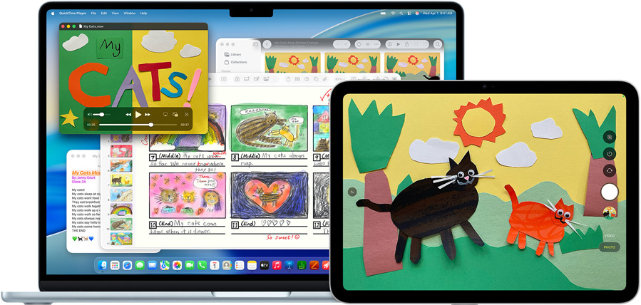 Mac and iPad showing a creative presentation with textured animals, demonstrating versatility of devices