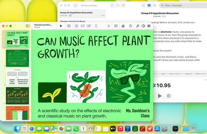 A Mac screen shows a Keynote presentation titled “Can Music Affect Plant Growth?” alongside a Voice Memos transcript, nodding to versatility