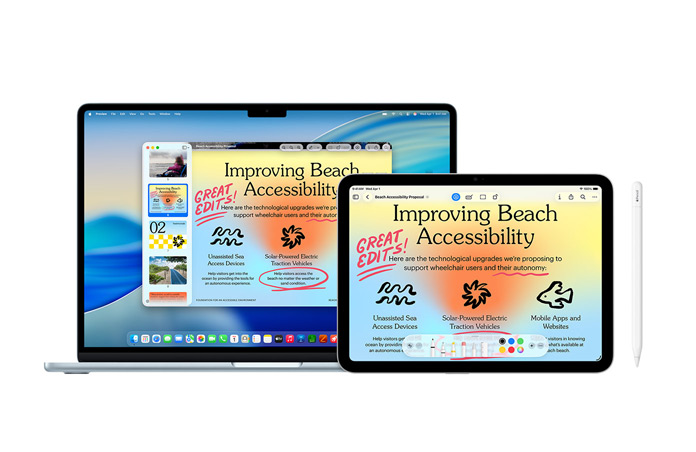 Un Mac et un iPad affichent la même présentation avec des annotations rouges faites à l’aide de l’Apple Pencil, illustrant la continuité entre les appareils, avec vue de face d’un Apple Pencil