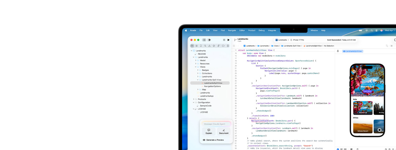 Xcode running on Mac, featuring AI coding assistant Claude Agent and app preview on iPhone