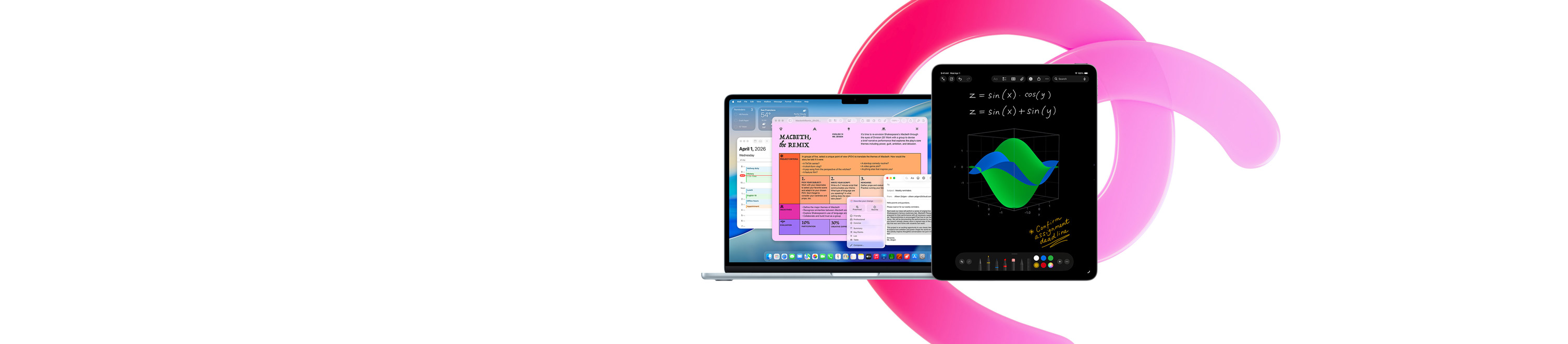 MacBook Air shows Pages, Calendar, Alert and Mail alongside an iPad that shows handwritten equations in Maths Notes, demonstrating productivity with built-in apps