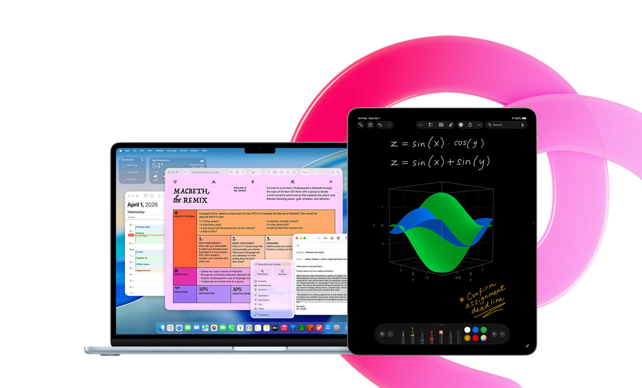 MacBook Air shows Pages, Calendar, Alert and Mail alongside an iPad that shows handwritten equations in Maths Notes, demonstrating productivity with built-in apps