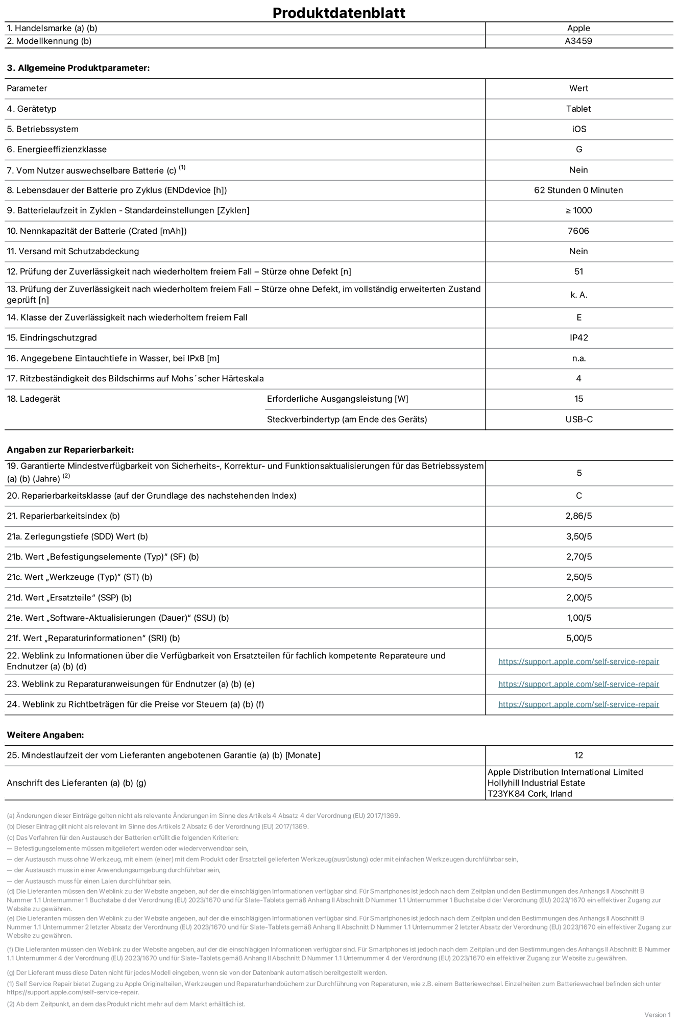 Produktinformationsblatt für das 11" iPad Air Wi‑Fi, Modell  A3459. Bereitgestellt von Apple Distribution International Limited, Hollyhill Industrial Estate. Cork, Irland, T23 YK84. Gerätetyp: Tablet. Betriebssystem: iOS. Energieeffizienzklasse: G. Von Nutzer:innen auswechselbare Batterie: Nein. Batterielaufzeit pro Zyklus: 62 Std. Batterielaufzeit in Zyklen – Standardeinstellungen: ≥ 1.000. Nennkapazität der Batterie: 7.606 mAh. Versand mit Schutzabdeckung: Nein. Prüfung der Zuverlässigkeit nach wiederholtem freiem Fall – Stürze ohne Defekt: 51. Prüfung der Zuverlässigkeit nach wiederholtem freiem Fall – Stürze ohne Defekt, im vollständig erweiterten Zustand geprüft: nicht zutreffend. Klasse der Zuverlässigkeit nach wiederholtem freiem Fall: E. Eindringschutzgrad: IP42. Angegebene Eintauchtiefe in Wasser, bei iPx8: nicht zutreffend. Ritzbeständigkeit des Displays auf Mohs’scher Härteskala: 4. Erforderliche Ausgangsleistung des Ladegeräts: 15 W. Anschluss Ladegerät (am Ende des Geräts): USB‑C. Garantierte Mindestverfügbarkeit von Sicherheits‑, Korrektur‑ und Funktionsaktualisierungen für das Betriebssystem: 5 Jahre. Reparierbarkeitsklasse: C. Reparierbarkeitsindex: 2,86/5. Wert „Zerlegungstiefe“ (SDD): 3,50/5. Wert „Befestigungselemente“: 2,70/5. Wert „Werkzeuge“: 2,50/5. Wert „Ersatzteile“: 2,00/5. Wert „Software-Aktualisierungen“: 1,00/5. Wert „Reparaturinformationen“: 5,00/5. Weblink zu Informationen über die Verfügbarkeit von Ersatzteilen für fachlich kompetente Reparaturanbieter und Endnutzer:innen: https://support.apple.com/self-service-repair. Weblink zu Reparaturanweisungen für Endnutzer:innen: https://support.apple.com/self-service-repair. Weblink zu Richtbeträgen für die Preise vor Steuern: https://support.apple.com/self-service-repair. 12 Monate angebotene allgemeine Garantie.