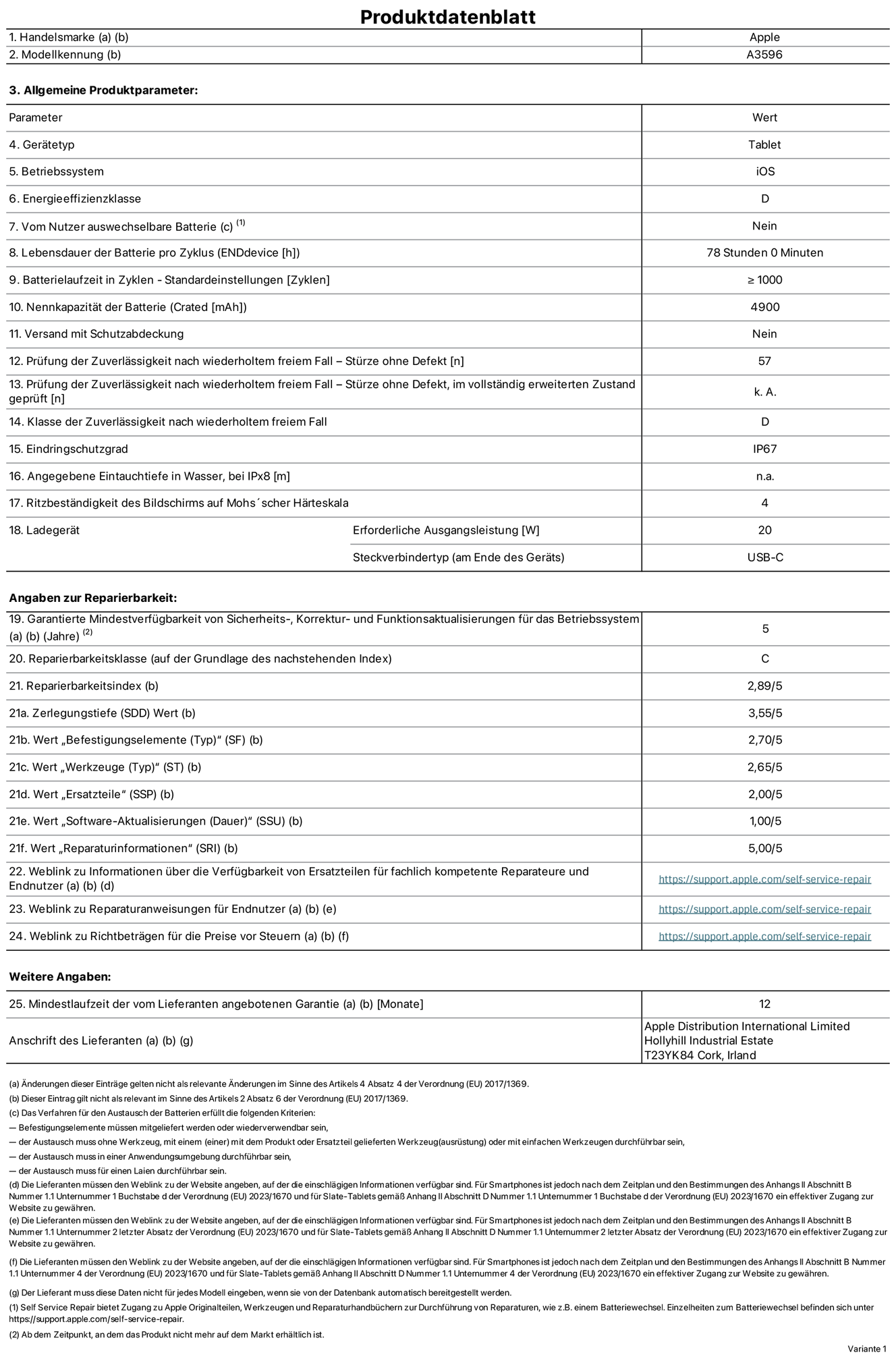 Produktinformationsblatt für iPad mini A20 Pro Wi-Fi + Cellular, Modell A3596. Bereitgestellt von Apple Distribution International Limited, Hollyhill Industrial Estate. Cork, Irland, T23 YK84. Gerätetyp: Tablet. Betriebssystem: iOS. Energieeffizienzklasse: D. Von Nutzer:innen auswechselbare Batterie: Nein. Batterielaufzeit pro Zyklus: 78 Std. Batterielebensdauer in Zyklen – Standardeinstellungen: ≥ 1.000. Nennkapazität der Batterie: 4.900 mAh. Versand mit Schutzabdeckung: Nein. Prüfung der Zuverlässigkeit nach wiederholtem freiem Fall – Stürze ohne Defekt: ≥ 57. Prüfung der Zuverlässigkeit nach wiederholtem freiem Fall – Stürze ohne Defekt, im vollständig erweiterten Zustand geprüft: nicht zutreffend. Klasse der Zuverlässigkeit nach wiederholtem freiem Fall: D. Eindringschutzgrad: IP67. Angegebene Eintauchtiefe in Wasser, bei iPx8: nicht zutreffend. Ritzbeständigkeit des Displays auf Mohs’scher Härteskala: 4. Erforderliche Ausgangsleistung des Ladegeräts: 20 W. Anschluss Ladegerät (am Ende des Geräts): USB‑C. Garantierte Mindestverfügbarkeit von Sicherheits‑, Korrektur‑ und Funktionsaktualisierungen für das Betriebssystem: 5 Jahre. Reparierbarkeitsklasse: C. Reparierbarkeitsindex: 2,89/5. Wert „Zerlegungstiefe“ (SDD): 3,55/5. Wert „Befestigungselemente“: 2,70/5. Wert „Werkzeuge“: 2,65/5. Wert „Ersatzteile“: 2,00/5. Wert „Software-Aktualisierungen“: 1,00/5. Wert „Reparaturinformationen“: 5,00/5. Weblink zu Informationen über die Verfügbarkeit von Ersatzteilen für fachlich kompetente Reparaturanbieter und Endnutzer:innen: https://support.apple.com/self-service-repair. Weblink zu Reparaturanweisungen für Endnutzer:innen: https://support.apple.com/self-service-repair. Weblink zu Richtbeträgen für die Preise vor Steuern: https://support.apple.com/self-service-repair. 12 Monate angebotene allgemeine Garantie.
