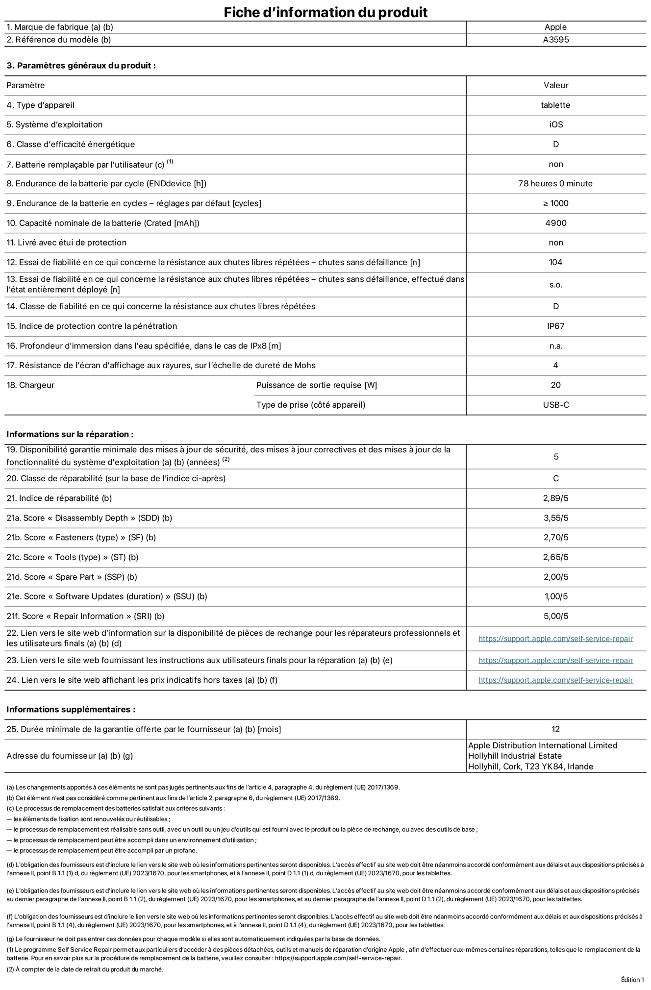 Fiche d’informations produit de l’iPad mini A20 Pro Wi‑Fi, modèle A3595. Fournie par Apple Distribution International Limited, Hollyhill Industrial Estate. Cork, T23 YK84, Irlande. Type d’appareil : tablette. Système d’exploitation : iOS. Classe d’efficacité énergétique : D. Batterie remplaçable par l’utilisateur : non. Endurance de la batterie par cycle : 78 heures. Endurance de la batterie en cycles – réglages par défaut : supérieure ou égale à 1 000. Capacité nominale de la batterie : 4 900 mAh. Livré avec étui de protection : non. Essai de fiabilité en ce qui concerne la résistance aux chutes libres répétées – chutes sans défaillance : 104. Essai de fiabilité en ce qui concerne la résistance aux chutes libres répétées – chutes sans défaillance, effectué dans l’état entièrement déployé : non applicable. Classe de fiabilité en ce qui concerne la résistance aux chutes libres répétées : D. Indice de protection contre la pénétration : IP67. Profondeur d’immersion dans l’eau spécifiée, dans le cas de l’IPx8 : non applicable. Résistance de l’écran d’affichage aux rayures sur l’échelle de dureté de Mohs : 4. Puissance de sortie requise du chargeur : 20 W. Type de prise (côté appareil) : USB‑C. Disponibilité garantie minimale des mises à jour de sécurité, des mises à jour correctives et des mises à jour de la fonctionnalité du système d’exploitation : 5 ans. Classe de réparabilité : C. Indice de réparabilité : 2,89/5. Score pour la profondeur de désassemblage (SDD) : 3,55/5. Score pour les éléments de fixation : 2,70/5. Score pour les outils : 2,65/5. Score pour les pièces de rechange : 2,00/5. Score pour la mise à jour des logiciels : 1,00/5. Score pour les informations concernant la réparation : 5,00/5. Lien vers le site web d’information sur la disponibilité des pièces de rechange pour les réparateurs professionnels et les utilisateurs finaux : https://support.apple.com/self-service-repair. Lien vers le site web fournissant les instructions aux utilisateurs finaux pour la réparation : https://support.apple.com/self-service-repair. Lien vers le site web affichant les prix indicatifs hors taxes : https://support.apple.com/self-service-repair. Garantie générale de 12 mois offerte.