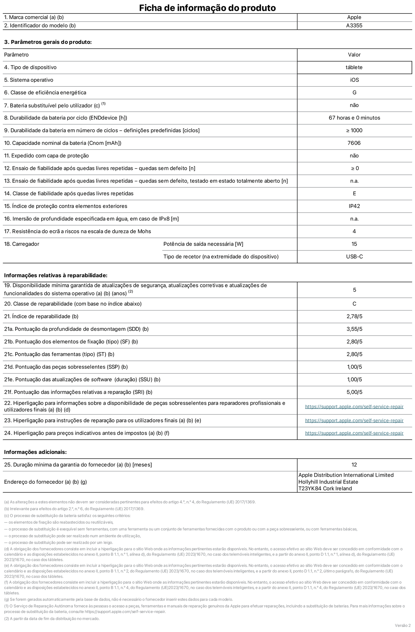 Folha de informações do produto para o iPad Wi-Fi + Cellular, modelo A3355. Fornecido pela Apple Distribution International Ltd, Hollyhill Industrial Estate. Cork, Irlanda T23 YK84. Tipo de dispositivo: tablet. Sistema operativo: iOS. Classe de eficiência energética: G. Bateria substituível pelo utilizador: não. Autonomia da bateria: 67 horas. Autonomia da bateria em ciclos: ≥ 1000. Capacidade nominal da bateria: 7606 mAh. Teste de fiabilidade após quedas livres repetidas - quedas sem defeito: ≥ 0. Classe de fiabilidade após quedas livres repetidas: E. Índice de proteção contra elementos exteriores: IP42. Resistência do ecrã a riscos na escala de dureza de Mohs: 4. Potência de saída necessária do carregador: 15 W. Tipo de recetor do carregador: USB-C. Disponibilidade mínima garantida de atualizações de segurança, atualizações corretivas e atualizações de funcionalidades do sistema operativo: 5 anos. Classe de reparabilidade: C. Índice de reparabilidade: 2,78/5. Pontuação da profundidade de desmontagem: 3,55/5. Pontuação dos elementos de fixação: 2,80/5. Pontuação das ferramentas: 2,80/5. Pontuação das peças sobresselentes: 1,00/5. Pontuação das atualizações de software: 1,00/5. Pontuação das informações relativas a reparação: 5,00/5. Hiperligação para informações sobre a disponibilidade de peças sobresselentes para reparadores profissionais e utilizadores finais: https://support.apple.com/self-service-repair. Hiperligação para instruções de reparação para utilizadores finais: https://support.apple.com/self-service-repair. Hiperligação para preços indicativos antes de impostos: https://support.apple.com/self-service-repair. Oferta de garantia geral de 12 meses.