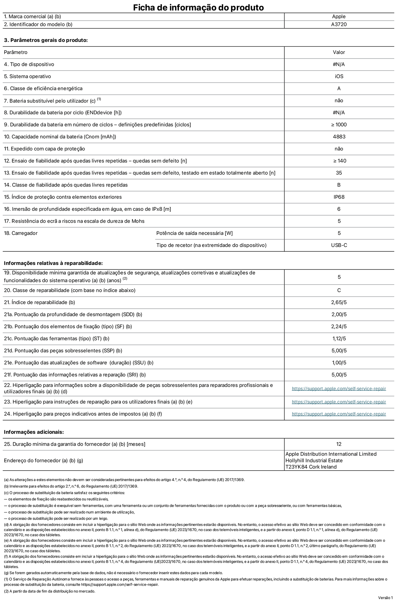 Folha de informações de produto do iPhone Duo, modelo A3720. Fornecido pela Apple Distribution International Limited, Hollyhill Industrial Estate. Cork, Irlanda T23 YK84. Tipo de dispositivo: smartphone. Sistema operativo: iOS. Classe de eficiência energética: A. Bateria substituível pelo utilizador: não. Autonomia da bateria por ciclo: 51 horas e 30 minutos. Autonomia da bateria em ciclos - pré‑configurações: igual ou superior a 1000. Capacidade nominal da bateria: 4883 miliamperes-hora. Enviado com capa protetora: não. Teste de fiabilidade após quedas livres sucessivas - quedas sem defeito: igual ou superior a 140. Teste de fiabilidade após quedas livres sucessivas - quedas sem defeito testadas no estado totalmente aberto: 35. Classe de fiabilidade após quedas livres sucessivas: B. Índice de proteção contra elementos exteriores: IP68. Imersão de profundidade especificada em água, no caso de IPx8: 6 metros. Resistência do ecrã a riscos na escala de dureza de Mohs: 5. Potência de saída necessária do carregador: 5 watts. Tipo de recetor do carregador (na extremidade do dispositivo): USB‑C. Disponibilidade mínima garantida de atualizações de segurança, atualizações corretivas e atualizações de funcionalidades do sistema operativo: 5 anos. Classe de reparabilidade: C. Índice de reparabilidade: 2,65/5. Pontuação da profundidade de desmontagem (SDD): 2,00/5. Pontuação dos elementos de fixação: 2,24/5. Pontuação das ferramentas: 1,12/5. Pontuação das peças sobresselentes: 5,00/5. Pontuação das atualizações de software: 1,00/5. Pontuação das informações relativas a reparação: 5,00/5. Hiperligação para informações sobre a disponibilidade de peças sobresselentes para reparadores profissionais e utilizadores finais: https://support.apple.com/self-service-repair. Hiperligação para instruções de reparação para utilizadores finais: https://support.apple.com/self-service-repair. Hiperligação para preços indicativos antes de impostos: https://support.apple.com/self-service-repair. Oferta de garantia geral de 12 meses.