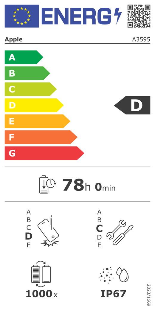 EU-Energielabel, QR Code und Informationen, Apple Modell A3595, Klasse D, Energieeffizienzklassen (auf einer Skala von A bis G), A (am effizientesten) bis G (am wenigsten effizient), Batterielaufzeit pro Zyklus, 78 Std. und 0 Min. pro voller Batterieladung, Sturzfestigkeit Klasse D für wiederholten freien Fall, A (am robustesten) bis E (am wenigsten robust), Reparierbarkeit der Klasse C, A (am besten reparierbar) bis E (am wenigsten reparierbar), Batterielebensdauer 1.000 Ladezyklen, Schutzart gegen Eindringen von Staub und Wasser (IP) IP67, Verordnung 2023/1669