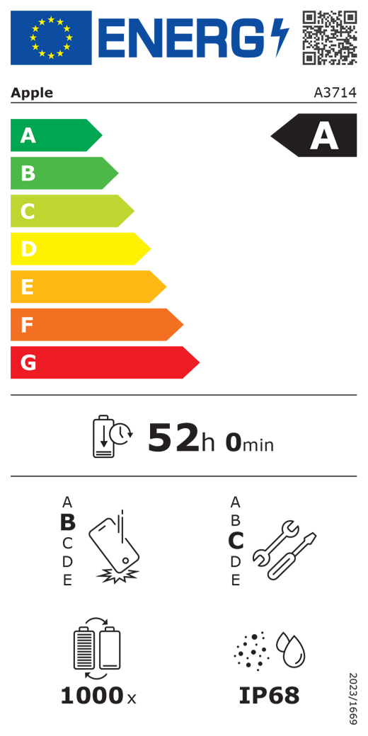 Étiquette énergie de l’UE, code QR et informations, modèle Apple A3714, classe A, classes d’efficacité énergétique (échelle allant de A à G), A (la plus élevée) à G (la plus basse), endurance de la batterie par cycle, 52 heures et 0 minute par charge complète de la batterie, résistance aux chutes libres répétées de classe B, A (la plus résistante) à E (la moins résistante), réparabilité de classe C, A (la plus réparable) à E (la moins réparable), endurance de la batterie de 1 000 cycles, indice de protection IP68 pour la poussière et l’eau, règlement 2023/1669.