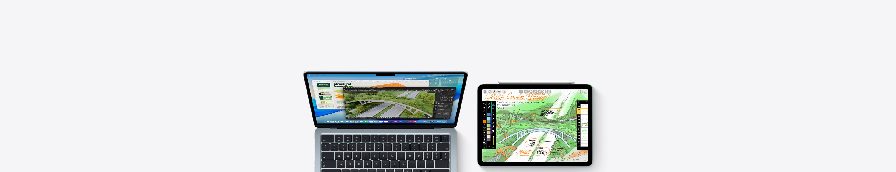 Mac og iPad, skærmen viser studieprojekter på tværs af forskellige apps