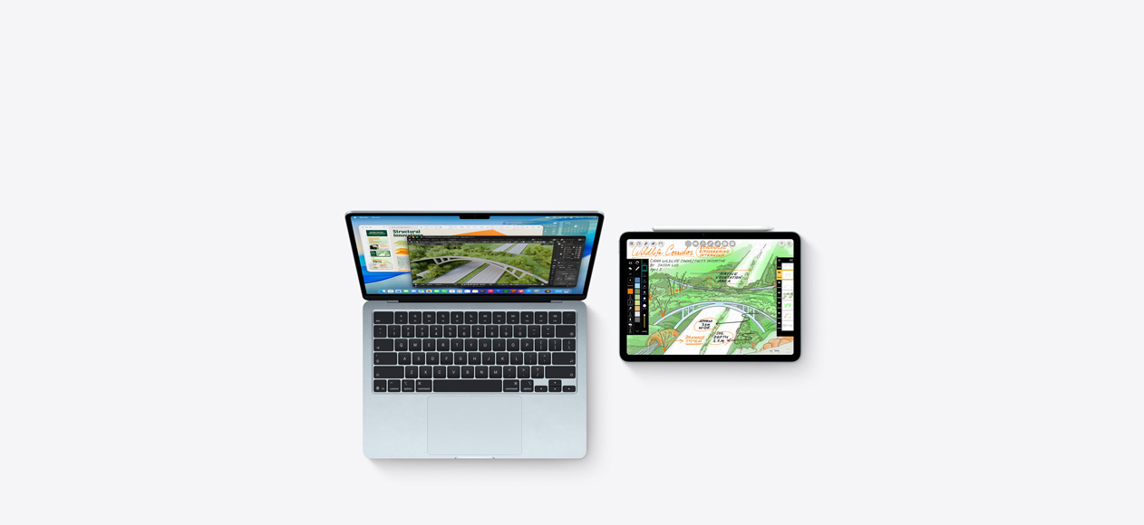 Mac og iPad, skjermene viser studiearbeid på tvers av ulike apper