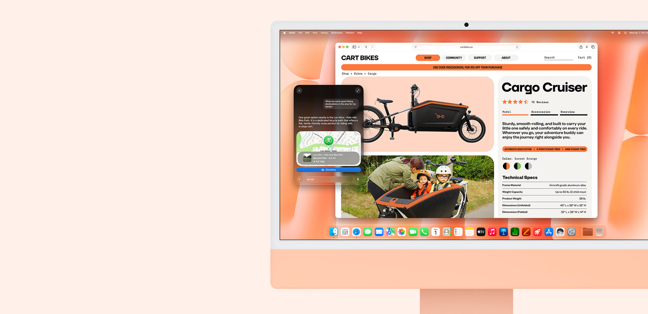iMac, parte delantera, color naranja, pantalla que muestra una conversación con Siri AI para obtener recomendaciones sobre rutas de bici, y el navegador Safari con una web de ciclismo