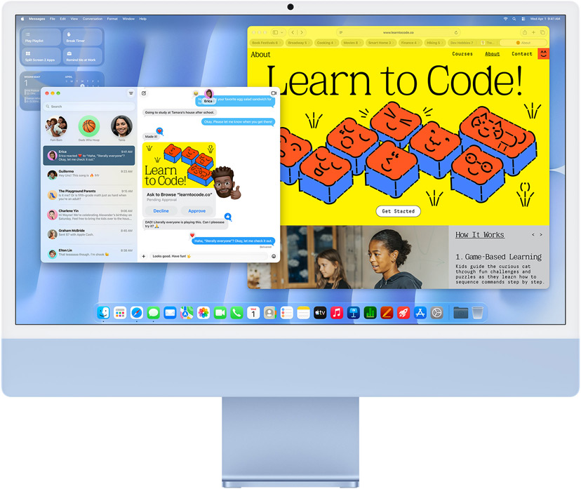 iMac, Vorderseite, Farbe Blau, zeigt die Nachrichten App und eine „Programmieren lernen“ Website.
