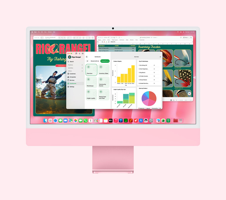 iMac, parte delantera, color rosa, la pantalla muestra varias apps