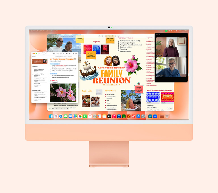 iMac, Vorderseite, Farbe Orange, das Display zeigt eine Person in einem FaceTime Anruf, ein Planungsboard für ein Familientreffen und die Notizen App