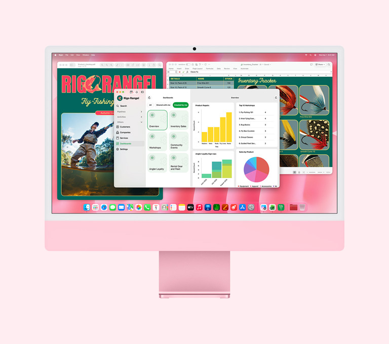 iMac, Vorderseite, Farbe Pink, das Display zeigt mehrere Apps