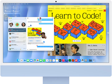 iMac, parte delantera, color azul, en la pantalla se muestra la app Mensajes y un sitio web de Aprende a programar