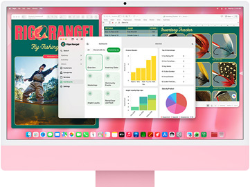 iMac, parte delantera, color rosa, varias apps abiertas muestran un sistema de seguimiento de inventario, el diseño de un catálogo de pesca con mosca y un panel de control empresarial