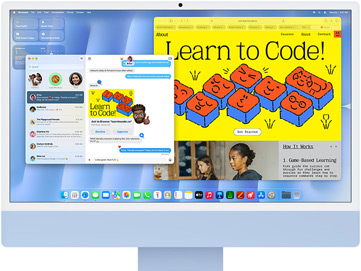 iMac, Vorderseite, Farbe Blau, zeigt die Nachrichten App und eine „Programmieren lernen“ Website