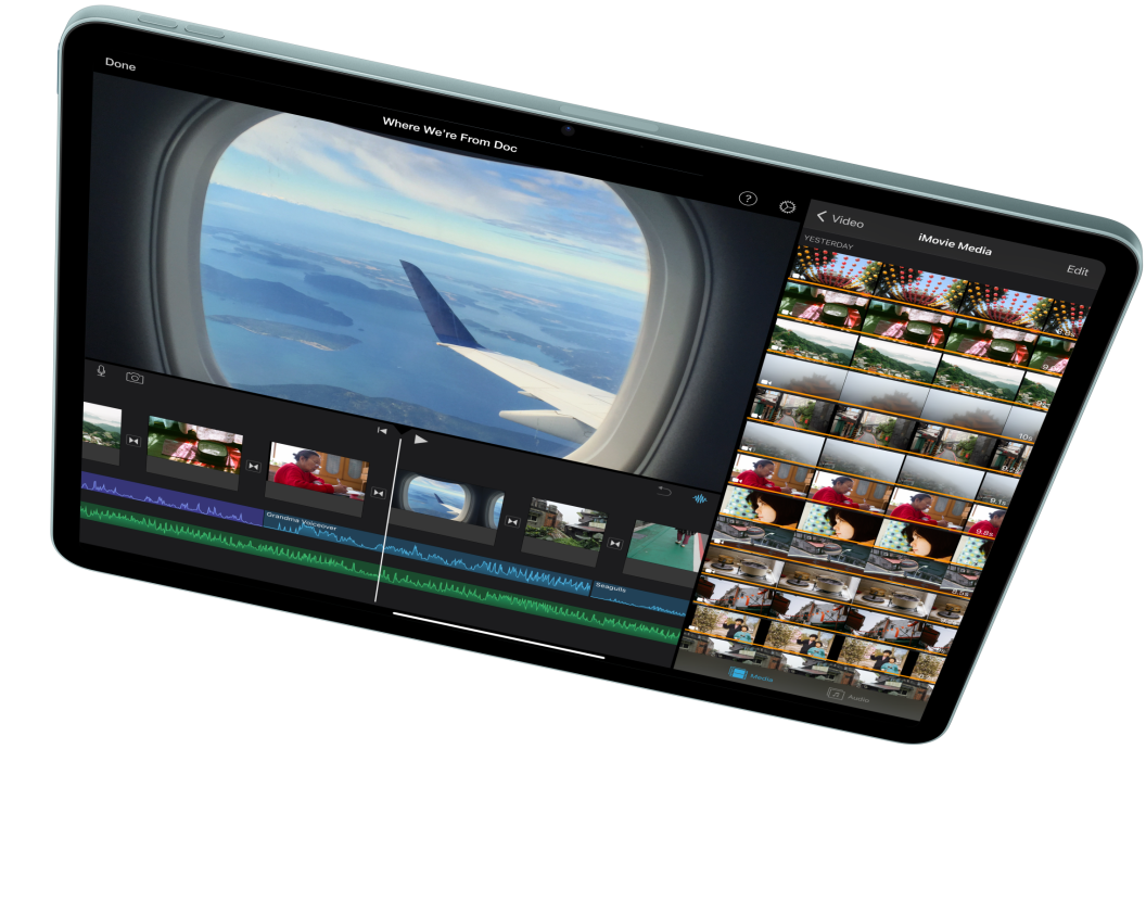iPad Air i vandret position, der viser videoredigering i iMovie