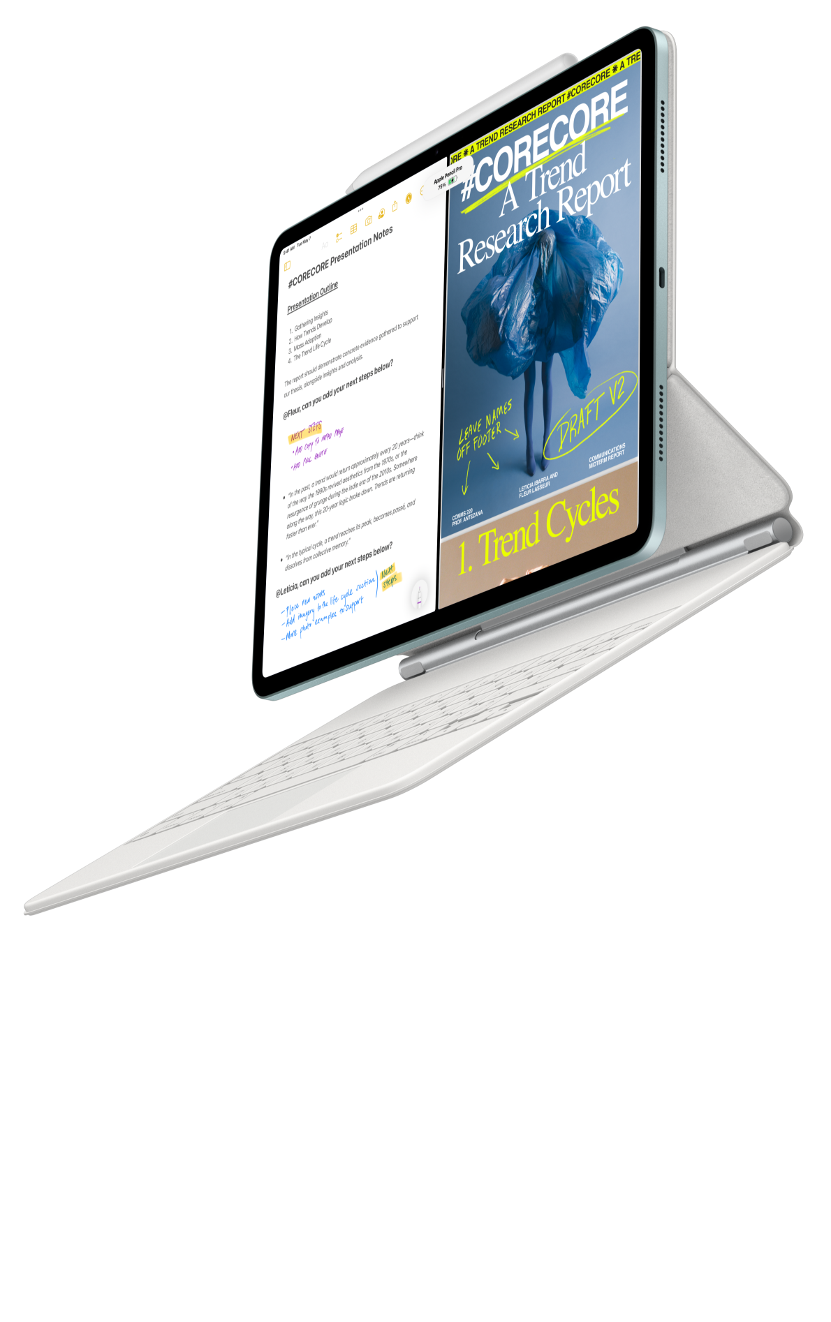 iPad Air se connectant au Magic Keyboard et à un Apple Pencil Pro