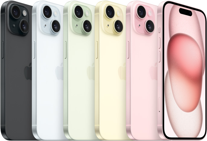 iPhone 15 vist bagfra i fem farver – sort, blå, grøn, gul og lyserød – og iPhone 15 i lyserød vist forfra