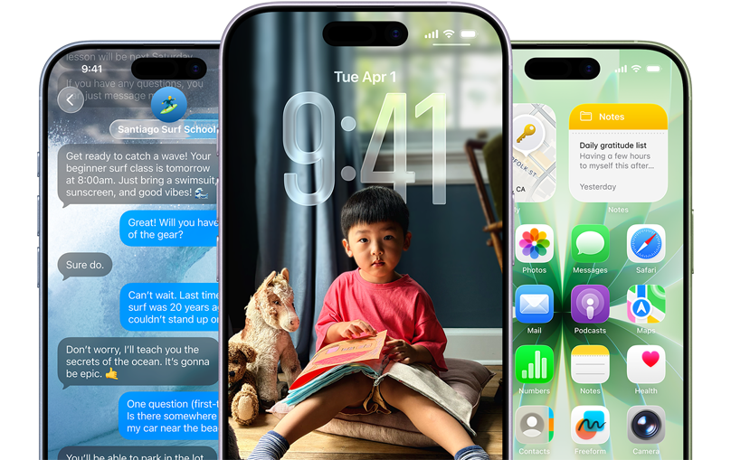 iPhone 17-modellen, voorkant, in de kleuren nevelblauw, lavendel, saliegroen. iOS-features in beeld: Achtergrond voor Berichten, Liquid Glass op het Toegangsscherm en Beginscherm met verschillende apps