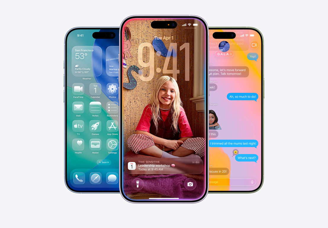 iPhone screen showing call screening pop-up, iPhone screen showing Calendar pop-up on personalized background with photo of a child, iPhone screen showing Messages with Liquid Glass design