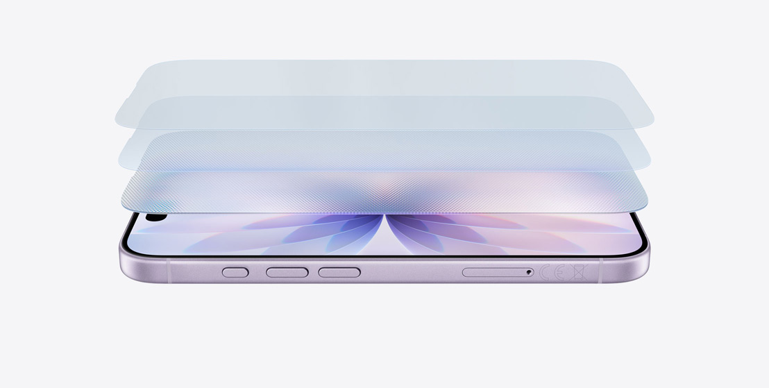 Vista do iPhone 17 lavanda pousado na horizontal, com um design em camadas a mostrar o Ceramic Shield 2