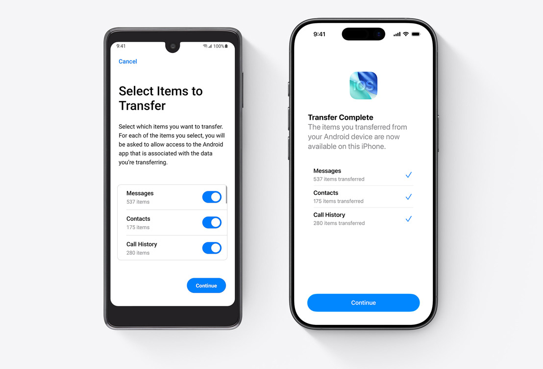 Lado a lado, ecrã do Android a mostrar a app Migrar para iOS e ecrã do iPhone a mostrar a app Migrar para iOS