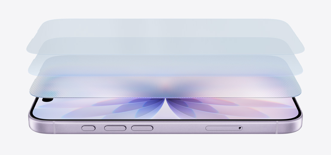 iPhone 17 lavanda in orizzontale, con una rappresentazione grafica dei vari strati del Ceramic Shield 2
