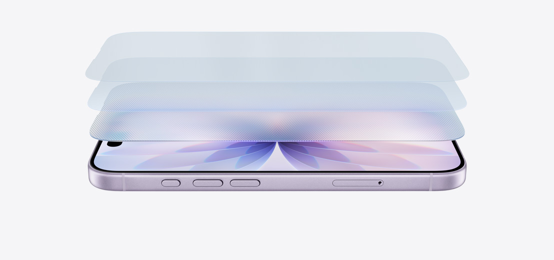 iPhone 17 lavanda in orizzontale, con una rappresentazione grafica dei vari strati del Ceramic Shield 2