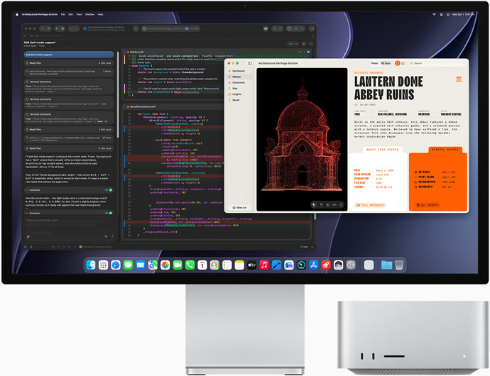Studio Display XDR met een document in Claude Agent in Xcode, Mac Studio, vooraanzicht