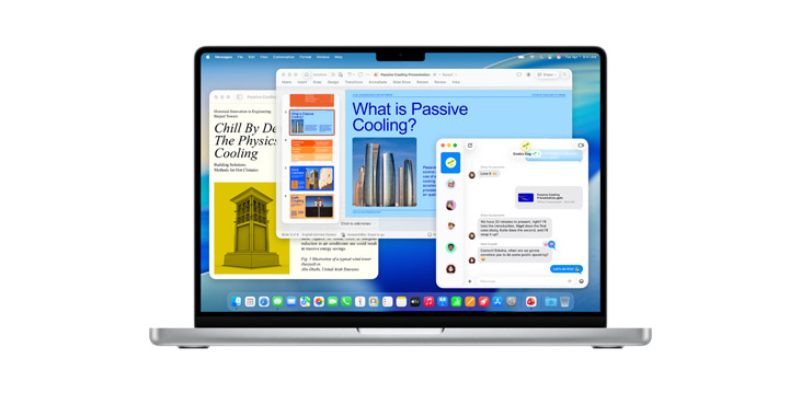 Demonstration of apps like Microsoft PowerPoint, Messages and Pages on MacBook Pro 14-inch.