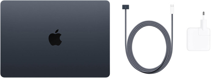 13" MacBook Air med USB‑C-til-MagSafe 3-kabel og 30-watts USB‑C-lader